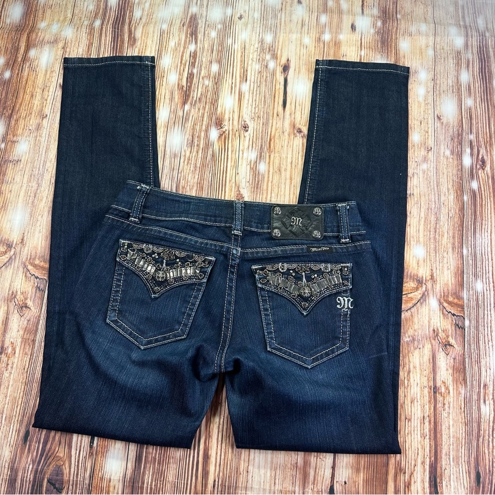 Miss Me Dark Blue Skinny Jeans with Silver Embellishments Size 29